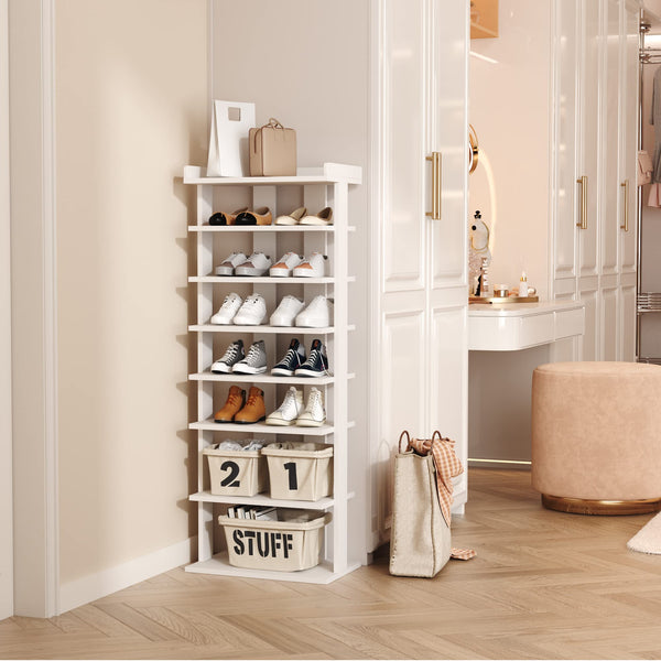 HOME BI Narrow Shoe Rack, Double Rows 7-Tier Wood Shoe Shelf, Vertical Shoe Storage Cabinet, Shoes Tower Organizer for Narrow Closet, Entryway,