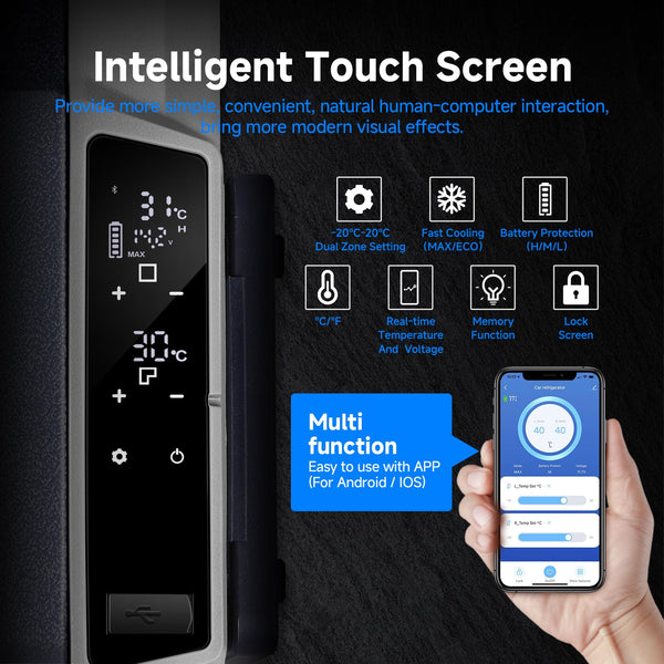 AAOBOSI 60L Car Fridge Freezer Dual Zone, Car Refrigerator 3 Way, Camping Freezer -20°C-20°C, with Wireless Connection, Compressor Fridge 12/24V DC and 100-240V AC for Campervan,Travel,RV,Camping,Boat