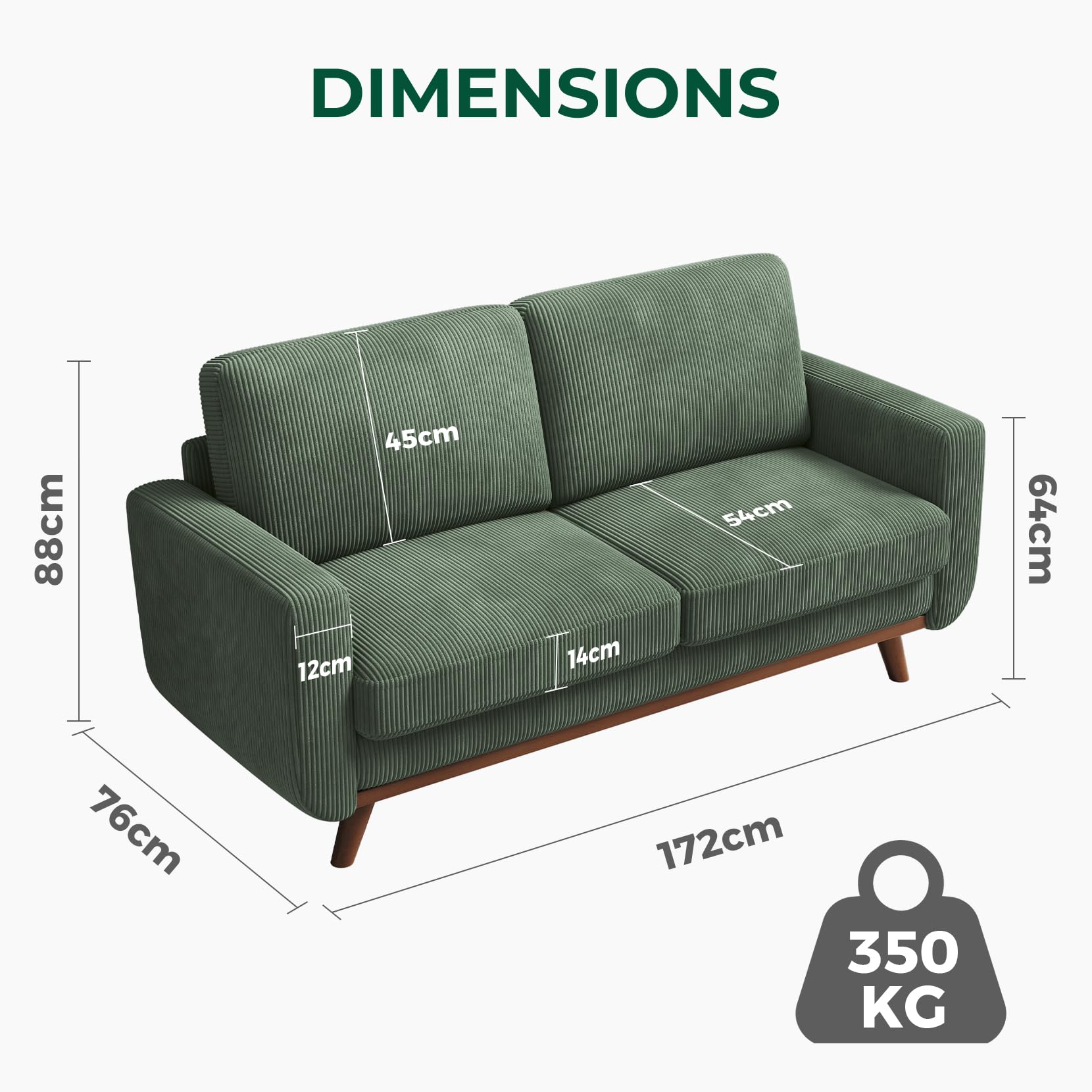 Vesgantti 172cm Loveseat Sofa Green, Comfy Corduroy Couch with Spring Cushion, 2 Seater Sofa with Solid Wood, Sofa Couch with Deep Seat, Sofa for Bedroom, Loveseat for Living Room, Green Office Couch