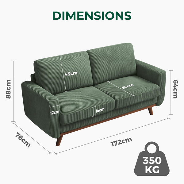 Vesgantti 172cm Loveseat Sofa Green, Comfy Corduroy Couch with Spring Cushion, 2 Seater Sofa with Solid Wood, Sofa Couch with Deep Seat, Sofa for Bedroom, Loveseat for Living Room, Green Office Couch