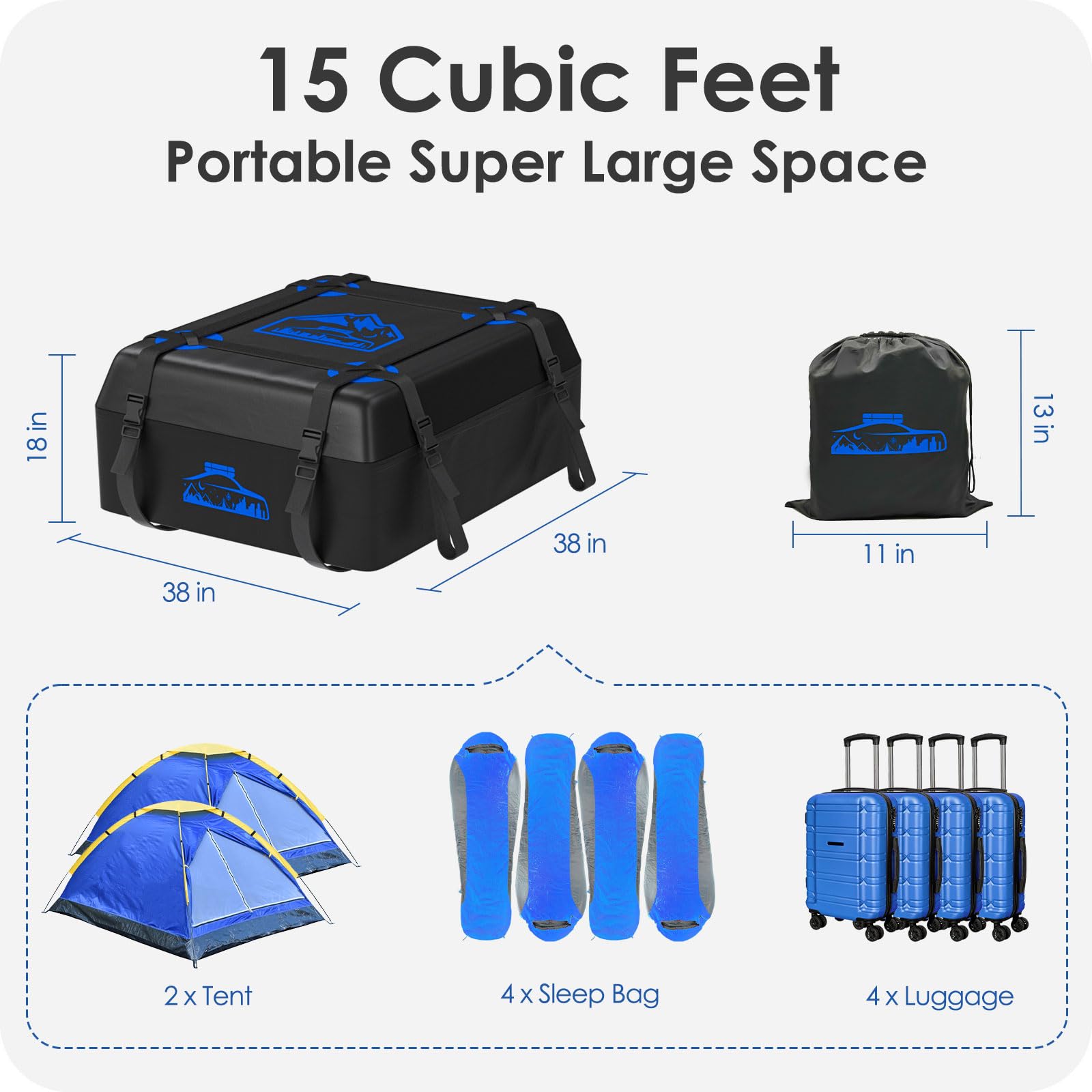 BOYUJK Car Roof Bag - 20 Cubic/566L, Waterproof, No Rack Needed, Anti-Slip Mat & 6 Heavy-Duty Straps, Folding Soft Roof Box (Blue, 566L)
