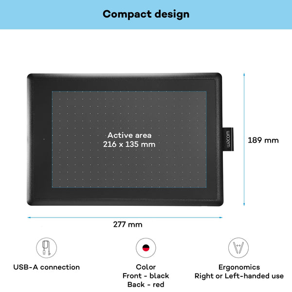 One by Wacom Small – Drawing Tablet with Pen, Stylus Battery-free & Pressure-sensitive, Compatible with Windows & Mac, Perfect Tablet for Drawing, Graphics, Remote Working or Home Schooling, Black