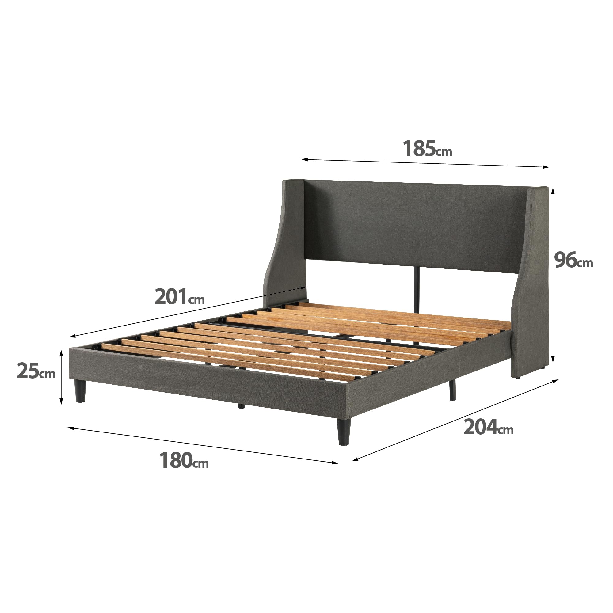 Zinus Evelyn Double Bed frame - Bed 135x190 cm - 25cm Height - Upholstered Bed frame with Wide Wingback Headboard - Dark Grey