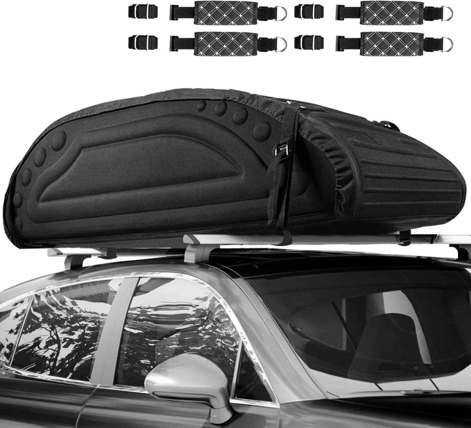 COSTWAY 14 Cubic Feet/400L Car Roof Bag, Waterproof Foldable Roofing Cargo Carrier with 4 Reinforced Straps, Anti-Slip Bottom & Storage Bag, Soft-Shell Rooftop Luggage Storage Box for All Cars