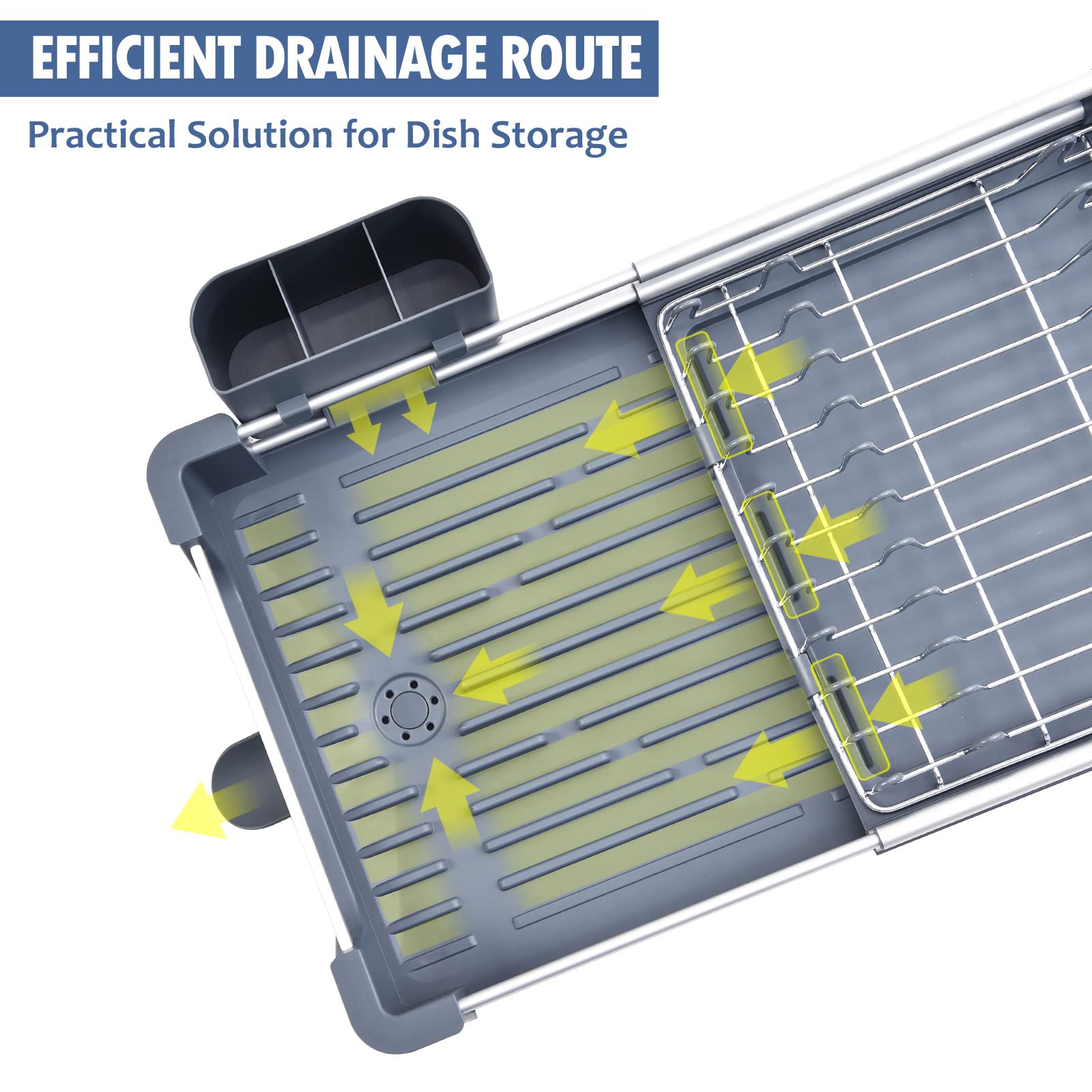KINGRACK Expandable Dish Drainer Rack, Foldable Dish Rack With Removable Cutlery Holder, Adjustable Dish Drying Rack With Swivel Drainage Spout