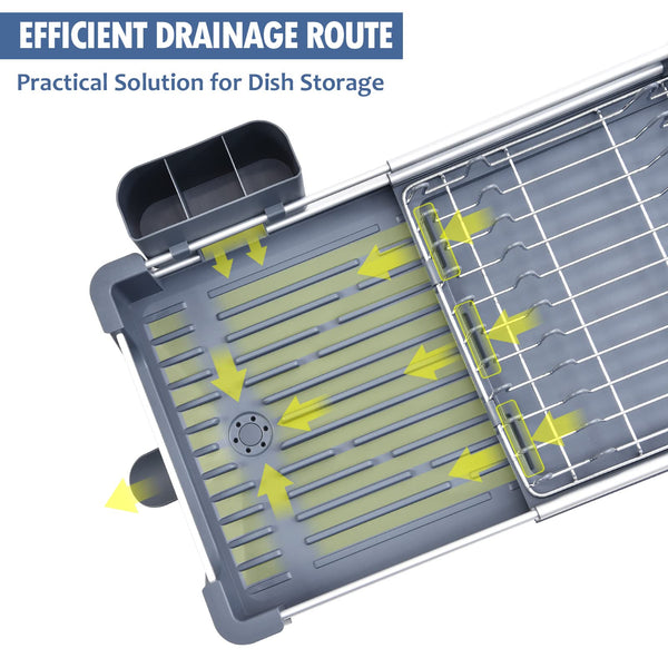 KINGRACK Expandable Dish Drainer Rack, Foldable Dish Rack With Removable Cutlery Holder, Adjustable Dish Drying Rack With Swivel Drainage Spout