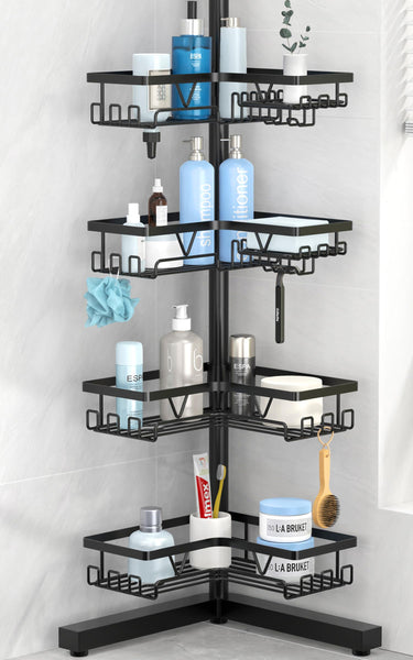 Kegii Telescopic Shower Caddy Corner - Stainless Steel Shower Shelf No Drilling Bathroom Caddy with Soap Holder and Hooks(White), On The Bath or Stand Up Shower