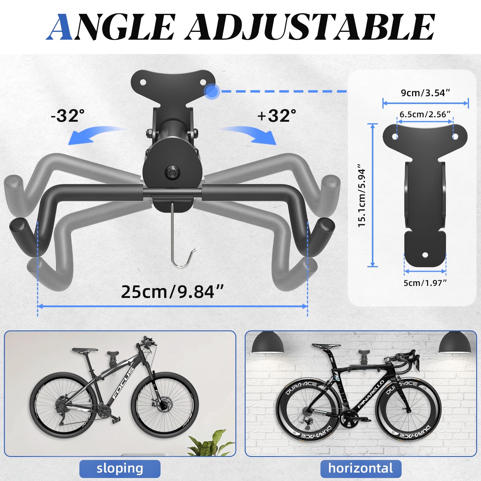 Bike Wall Mount, Bicycle Holder, Foldable Bike Rack, Adjustable Distance, with Helmet Hook, Bike Storage Rack for Garage and Indoor