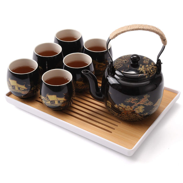 Dujust Japanese Tea Set, Black Porcelain Tea Set with 1 Teapot Set, 6 Tea Cups, 1 Tea Tray, 1 Stainless Infuser, Beautiful Asian Tea Set for Tea
