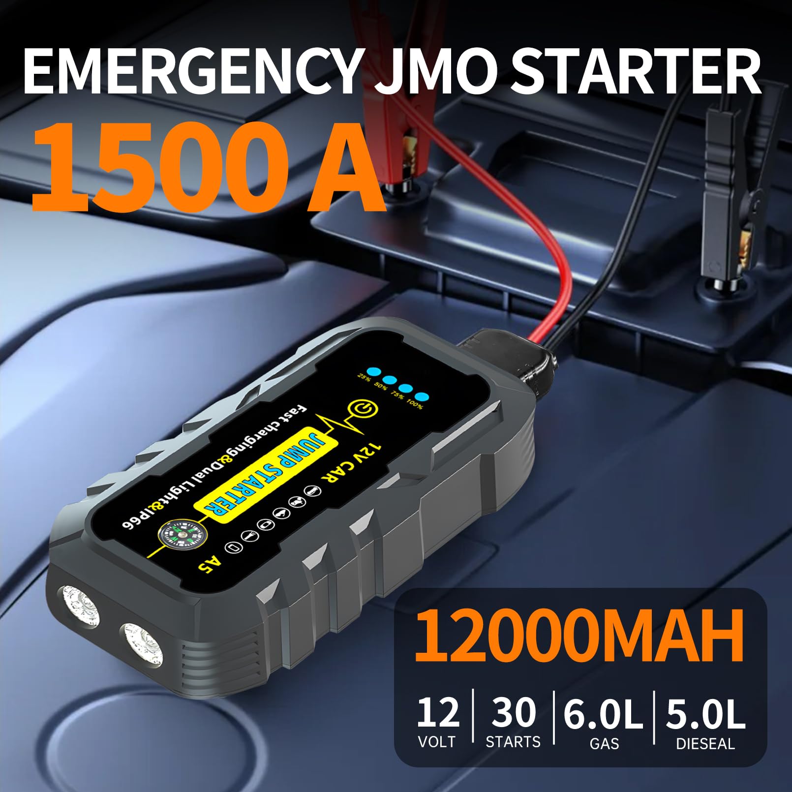 Car Jump Starter,1500A Peak Portable Car Battery Booster Jump Starter,Power Pack for 12V Vehicles,(up to 6.0L Gasoline or 4.0L Diesel) with LED Flashlight