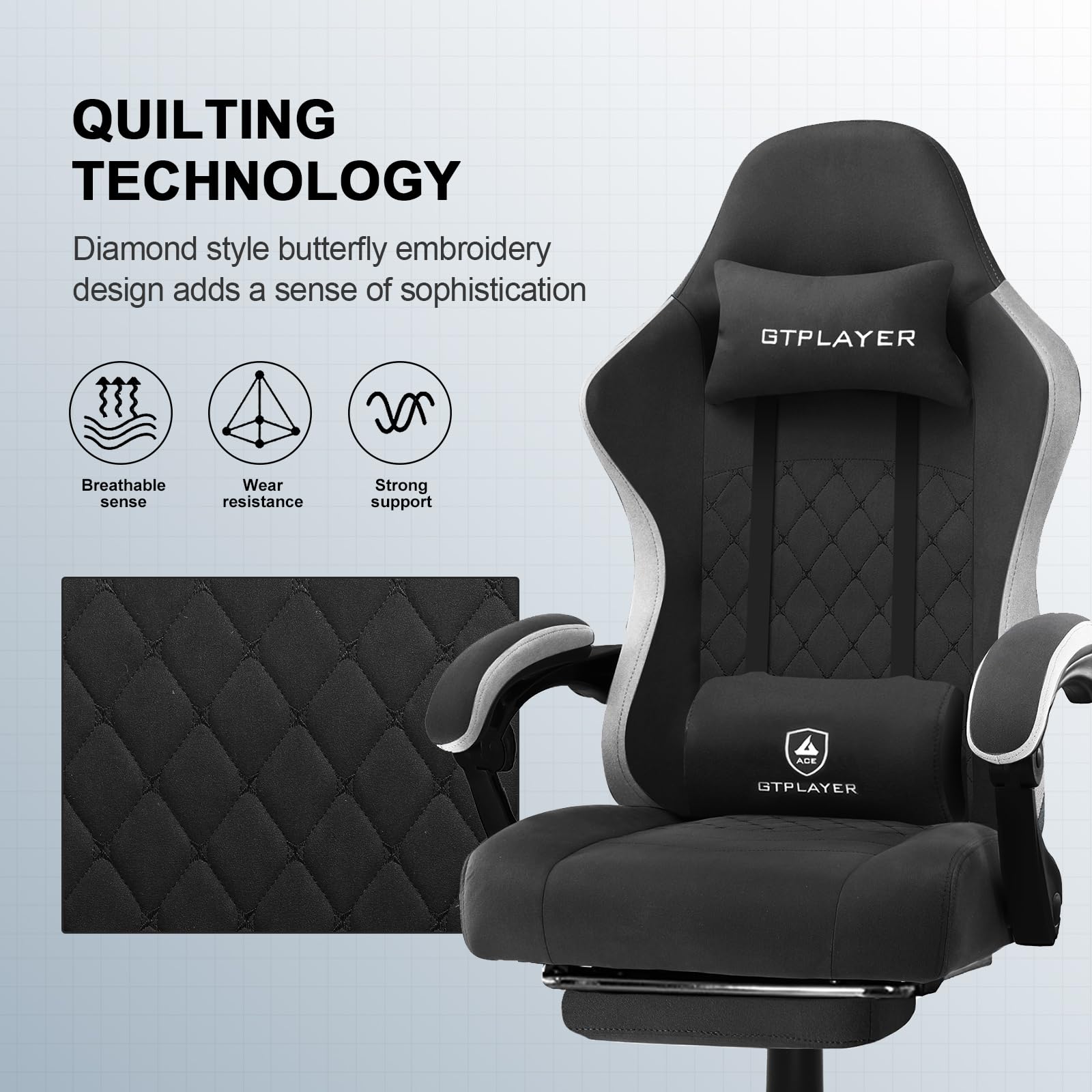 GTPLAYER Fabric Gaming Chair with Footrest, Ergonomic Computer Desk Chair with Pocket Spring Cushion Home Office High Back Support Lumbar Support Heavy Duty Wide