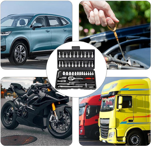 Slim Ratchet Set, with Bit Socket Set Metric and Extension Bar for Auto Repairing and Household, with Storage Case (Black)