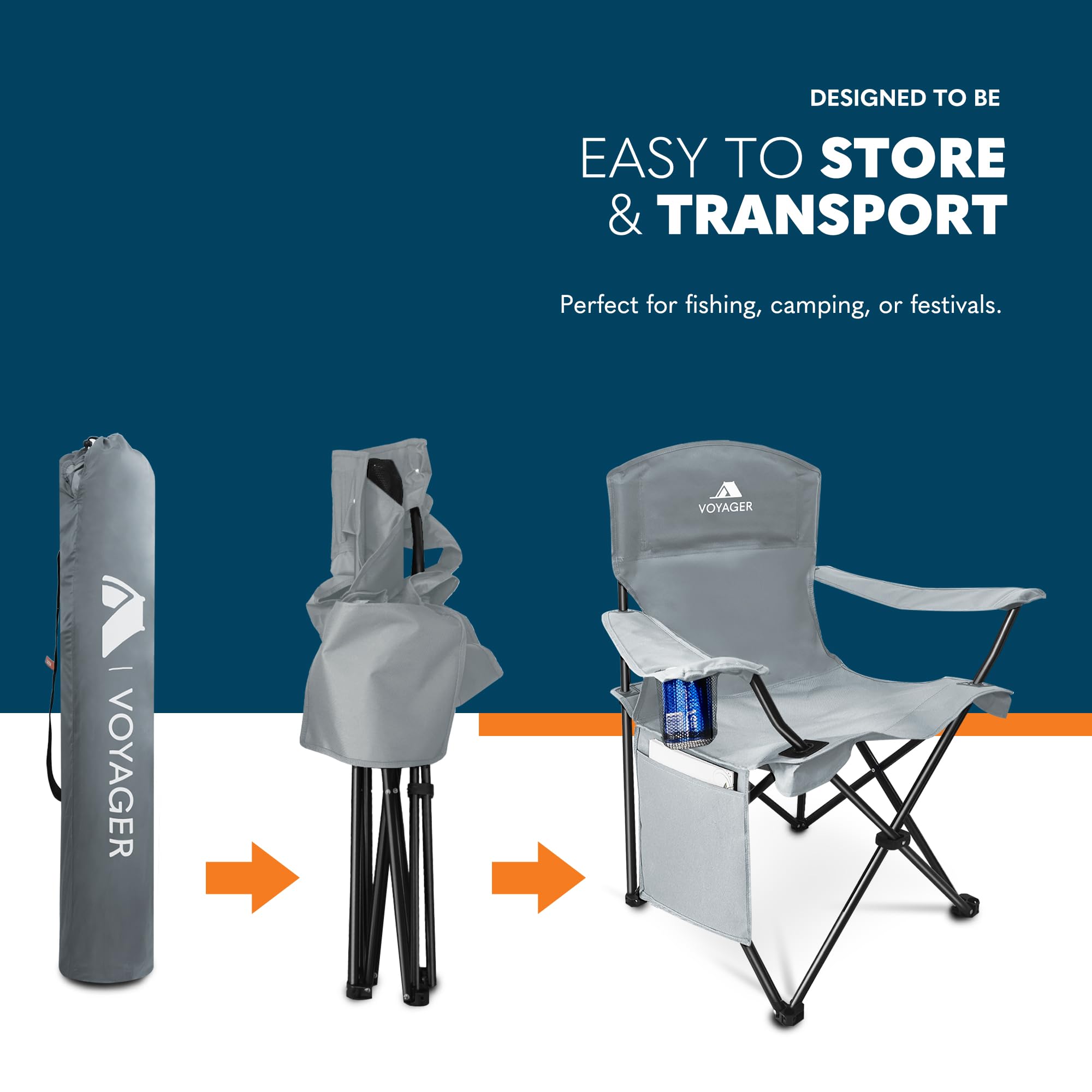 Voyager Folding Camping Chairs 2 Pack with Cooler Bag, Lightweight Q195 Steel Frame, 600D Oxford Fabric, Portable & Comfortable - Black (Black, Padded)