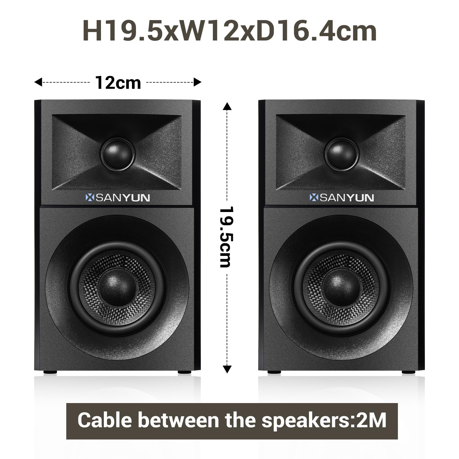 Sanyun SW203 4.0 Computer Speakers - 60W 4-Way DSP Control 3D Immersive Sound - 3" Carbon Fiber Woofer & 20mm Silk Dome Tweeter - 24bit DAC USB/Bluetooth 5.4/AUX - Studio-Grade Audio (Pair, Black)