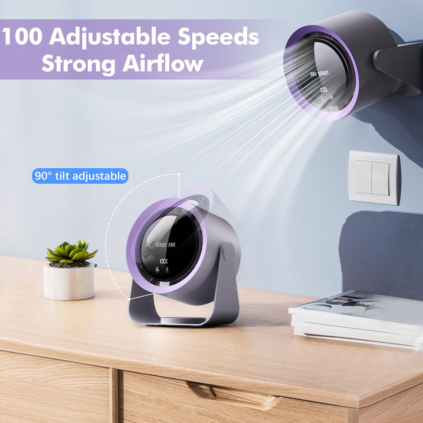 yokye Desk Fan, USB Desktop Fan with LED Display & Long Battery Life, 100 Speeds, 90° Adjustable Head Tilt, 3-in-1 Powerful Table Fan for Bedroom, Kitchen, Office, Home,Camping (Dark Gray)
