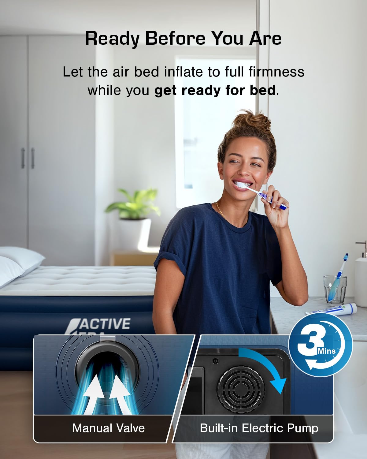 Active Era Premium Single Inflatable Mattress | Airbed for Home with Built-In Pump | 3 Min Self Inflating Blow Up Bed | Flocked Surface & Puncture Resistant Air Bed for Guests & Camping 187x99x53cm