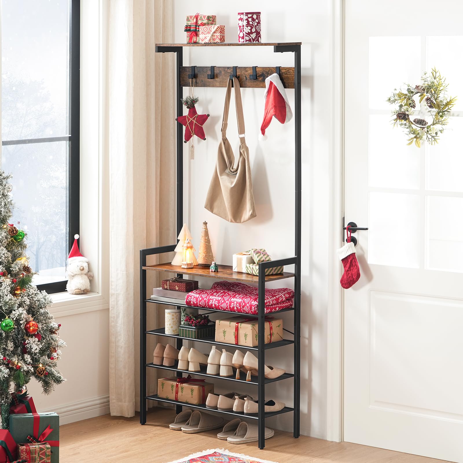 HOOBRO Coat Stand, Coat Rack with Shoe Storage, Industrial Hall Tree, Large Hall Stand, 5 Removable Hooks, Wood Accent Top Shelf, Entryway Storage
