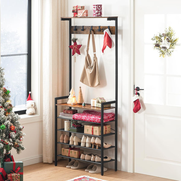 HOOBRO Coat Stand, Coat Rack with Shoe Storage, Industrial Hall Tree, Large Hall Stand, 5 Removable Hooks, Wood Accent Top Shelf, Entryway Storage
