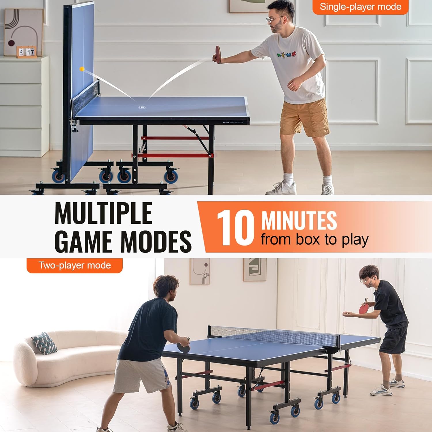 VEVOR Ping Pong Table, Professional Table Tennis Game, Indoor MDF Portable Table Tennis Table, Foldable Ping Pong Table with Quick Clamp Net and Lockable Wheels, 10 Minute Easy Assembly, 25mm Tabletop