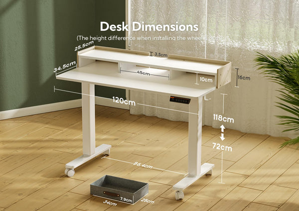 Claiks Electric Standing Desk with Drawers, 120x60cm Height Adjustable Desk with Storage Shelf and Splice Board, Stand Up Desk for Home Office, White Frame/Maple Top
