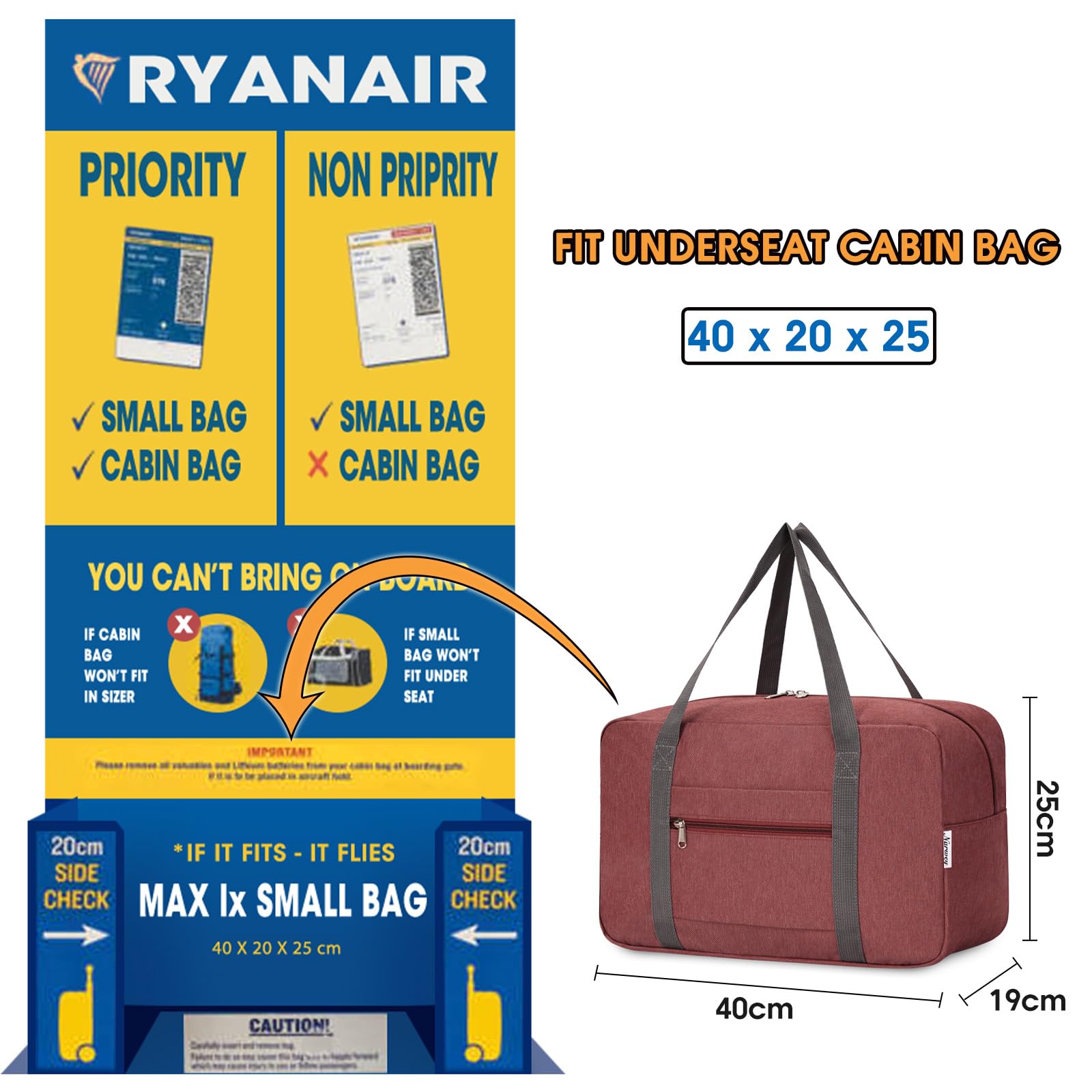 for Ryanair Airlines Cabin Bag 40x20x25 Underseat Foldable Travel Duffel Bag Holdall Tote Carry on Hand Luggage Overnight for Women and Men 20L (Black)