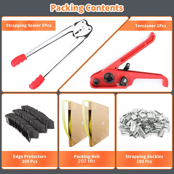 Complete Hand Pallet Packaging Strapping Kit with Tools, 200m PP Band, Metal Seals, and Edge Protectors for Secure Packing