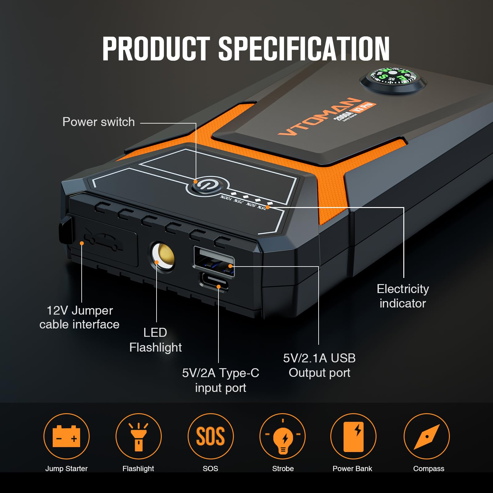 VTOMAN V3PRO Jump Starter Power Pack 2000A,Portable Car Battery Booster Jump Starter with Lithium Jump Pack,Battery Charger Starter with Jumper Cables for Motor(up to 6L Gas/4L Diesel Engines)