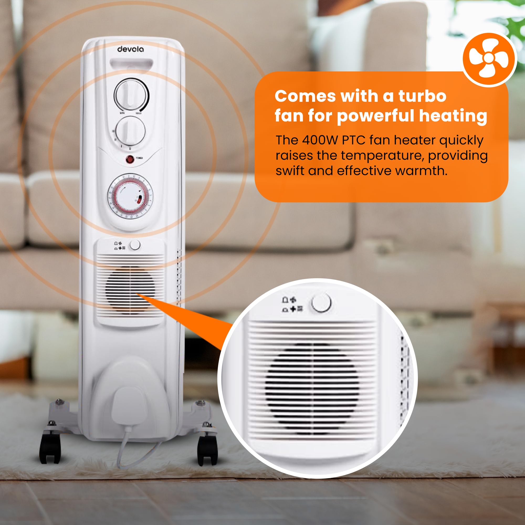 Devola 1500W 5 Fin Oil Filled Radiator, Low Energy Electric Heater with Thermal Fuse for Overheat Cut Off, Adjustable Heating Dial, Turbo Heating Option via PTC Fan, 24 Hour Timer - DVSOR5F15W (White)