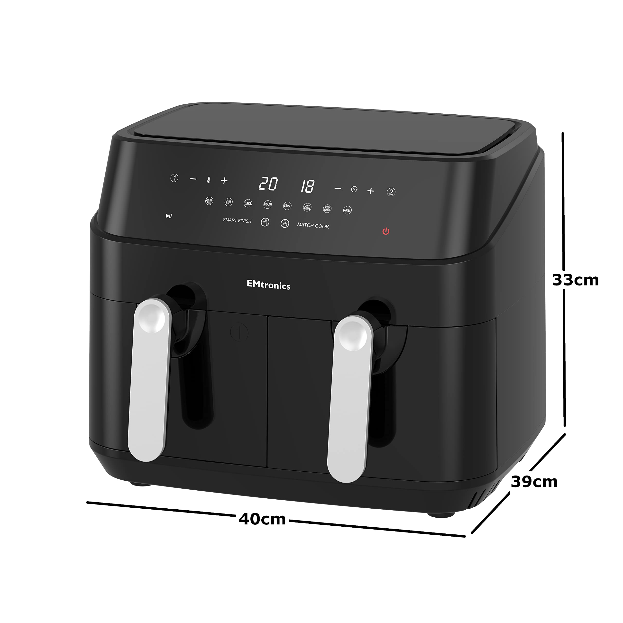 EMtronics EMAFDD9L Dual Air Fryer Extra Large Family Size Double XL 9 Litre with 8 Adjustable Pre-Set Menus for Oil Free & Low Fat Healthy Cooking,