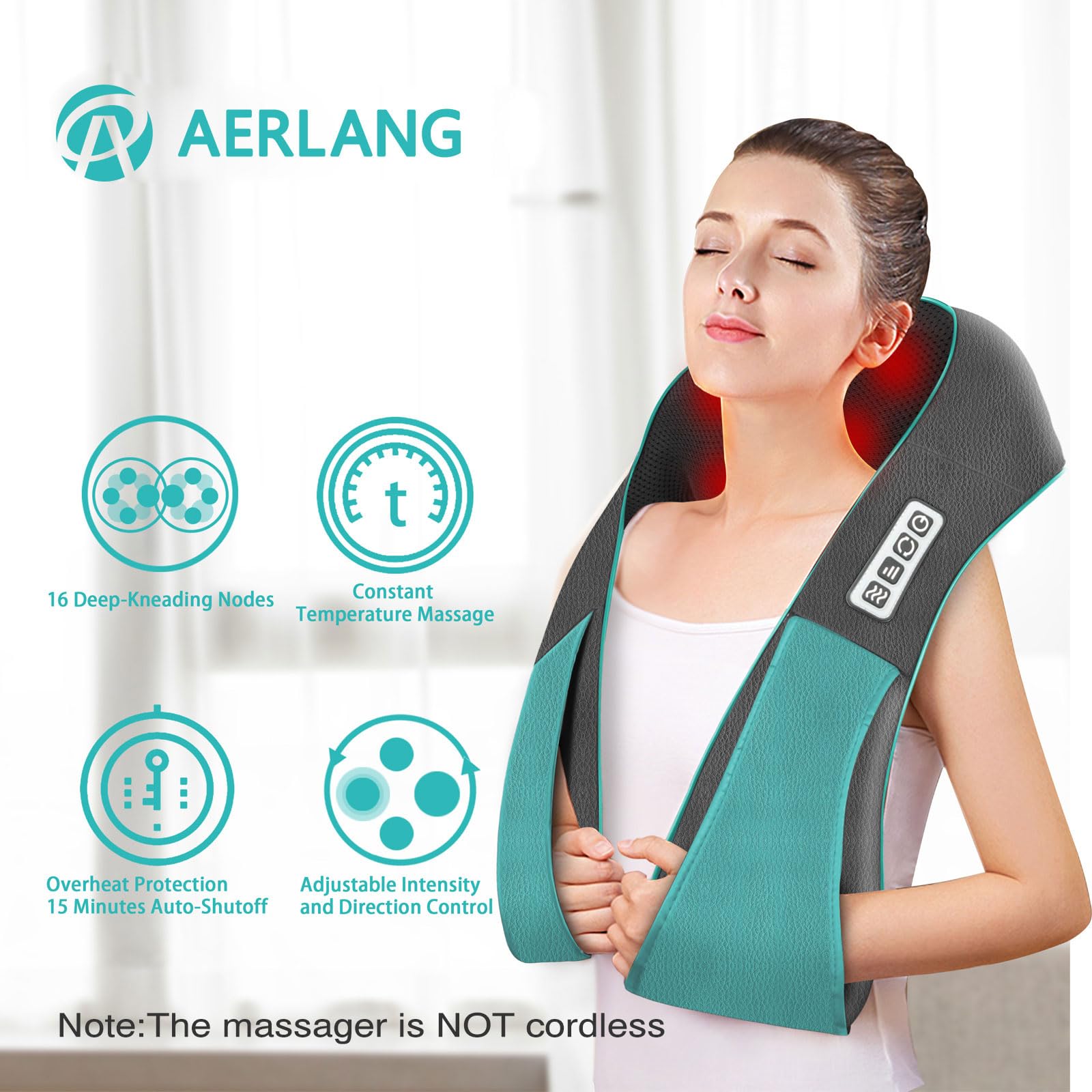 Shiatsu Neck and Shoulder Massager, AERLANG Back Massager with Heat, Deeper Tissue 4D Kneading Massage for Shoulder, Neck and Back, Use at Home, Office, Car - Birthday Gift for Women/Men/Mom/Dad