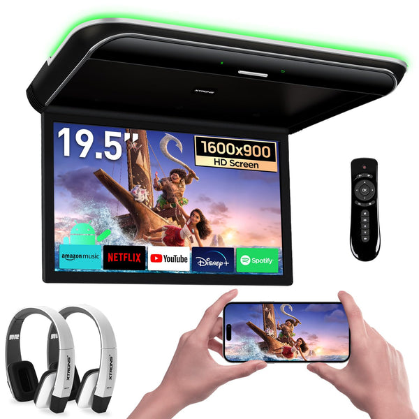 XTRONS Android Car Overhead Player 19.5 Inch Octa Core Car Roof Mount Monitor Wide IPS Screen 8K Video Built-in Stereo Speakers Flip Down Overhead Car Monitor Support 4G WiFi HDMI Input USB RCA Input