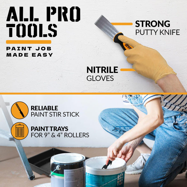 RAULDE 10 Pieces Paint Roller Set - Includes a Paint Tray, Brush, Large and Mini Rollers & Sleeves, Paint Repellent Masking Tape, Paint Mixer - Roller Set for Painting Walls, Edges & Ceilings