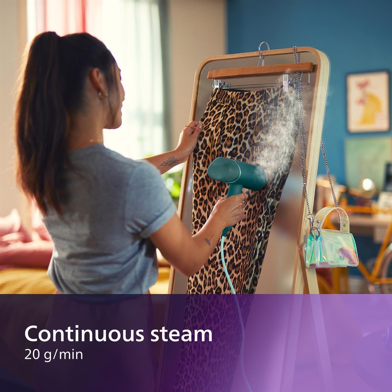 Philips 3000 Series Handheld Steamer, 1000W, 20 g/min Steam, Kills Germs, Detachable 100ml Water Tank, Compact + Foldable, Plastic Plate, Blue (STH3000/26)