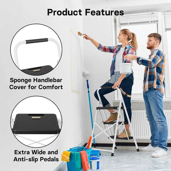 BONTEC 4 Step Ladder Folding, Heavy Duty Foldable Step Stool with Wide Anti-Slip Pedals, Sponge Handrail and Tool Tray, Portable Household Ladder 150kg Capacity, Compact Collapsible Indoor Ladder