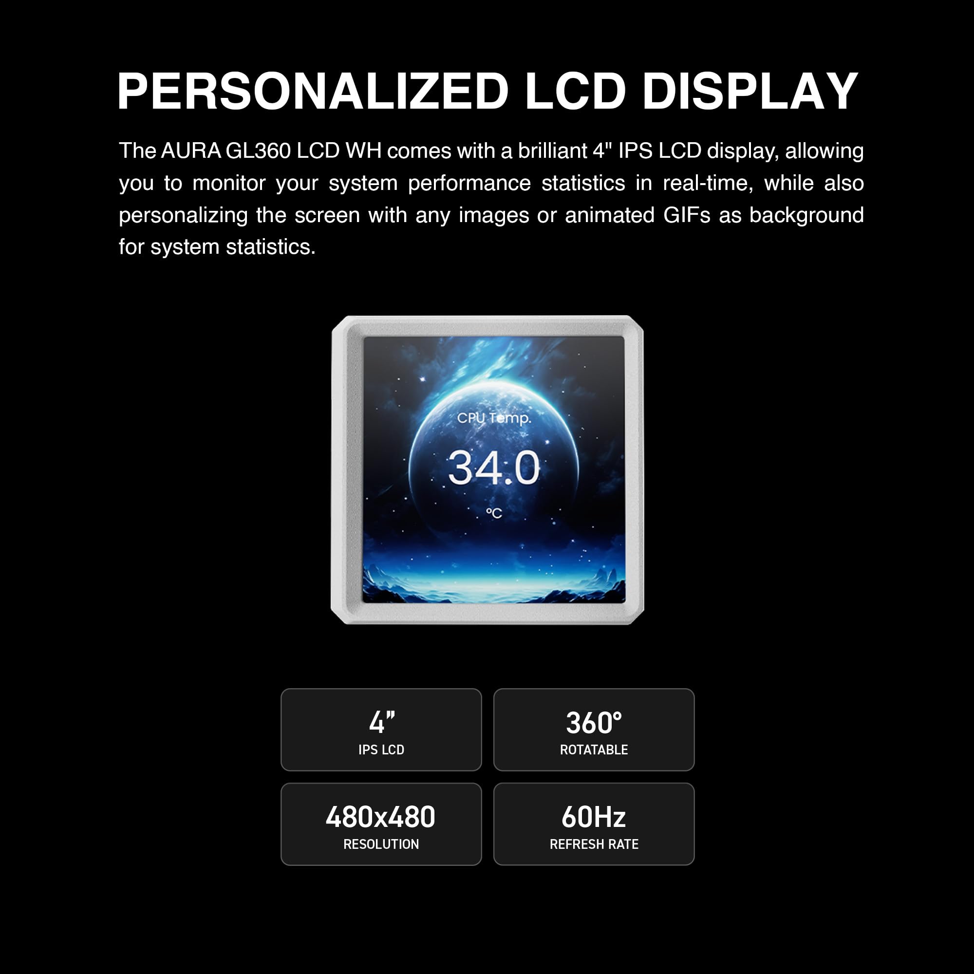 GAMDIAS AURA GL240 LCD 240mm AIO Liquid CPU Cooler, Customizable 4'' IPS LCD Display, Cableless Daisy Chained Fan, Software Ready, Support Low-Noise PWM & ARGB Sync, Intel LGA 1851/1700；AMD AM5, Black