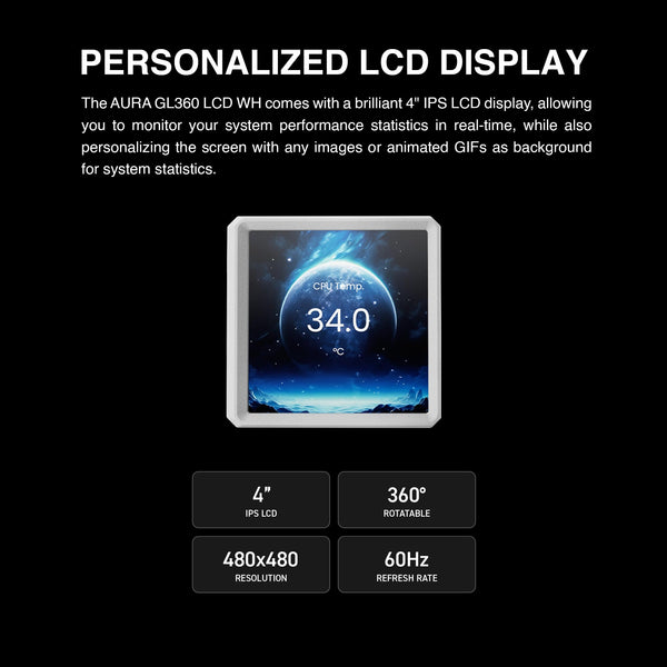 GAMDIAS AURA GL240 LCD 240mm AIO Liquid CPU Cooler, Customizable 4'' IPS LCD Display, Cableless Daisy Chained Fan, Software Ready, Support Low-Noise PWM & ARGB Sync, Intel LGA 1851/1700；AMD AM5, Black