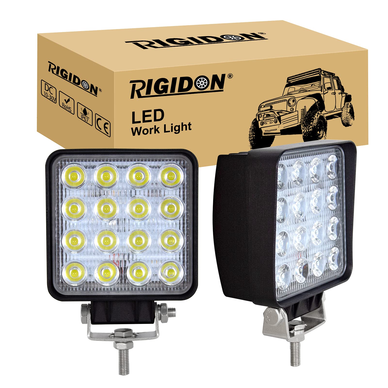 RIGIDON 2 Pcs Square Led Work Light, 4 inch 48W Spot Beam, 12V 24V Driving Lights Lamp for Car Off road Boat Truck 4x4 SUV ATV Tractors Excavator, 6000K White, Fog Lamp