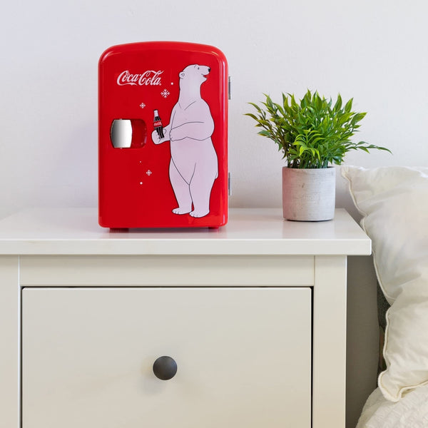 Coca Cola Polar Mini Fridge - Refrigerator for Bedroom Skincare Office, Portable Table Top Beverage Cooler, 12V DC/220V AC Refrigerador For Drinks, Soda, Wine, Use In Car, Dorm, Patio, 6 Can