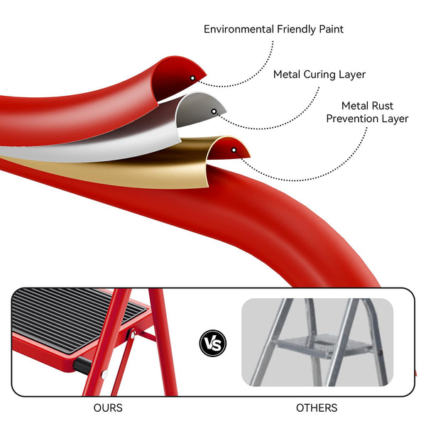 KINGRACK 2 Step Ladder with Handrail, Non-Slip Household Ladder with Folding Safety, Aluminium Folding Step Stool, Maximum Load 150 kg, Black