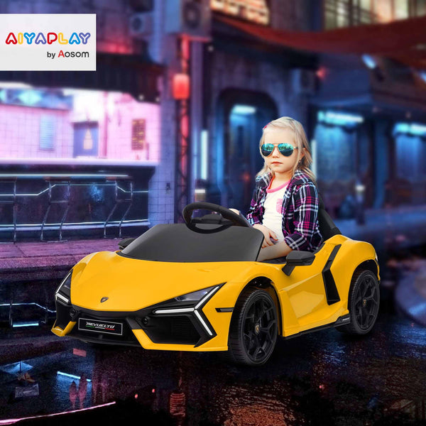 AIYAPLAY Lamborghini Revuelto Licensed Kid Electric Car, 12V Kids Electric Ride On with Butterfly Doors, Suspension, Remote Control, LED Lights, Horn, USB, MP3 for 3-5 Years, Orange