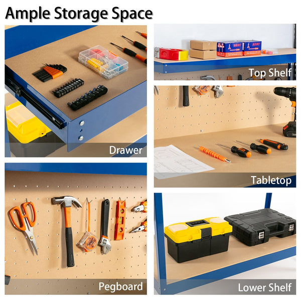 SwitZer New Red Steel Garage Tool Box Toolbox Work Bench Workbench Storage With Drawers Pegboard and 20 Pegs Shelf DIY Workshop Station