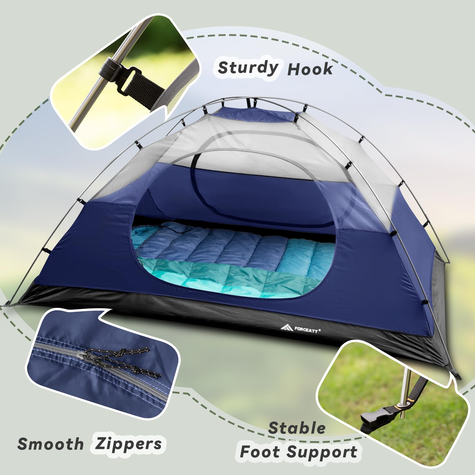 Forceatt Tent, 2-4 Man Tent for Camping, Easy Setup Lightweight Two Doors PU3000mm Waterproof Dome Tent, Windproof Instant Outdoor Tent Suitable for Traveling, Beach, Camping, Hiking, Mountaineering