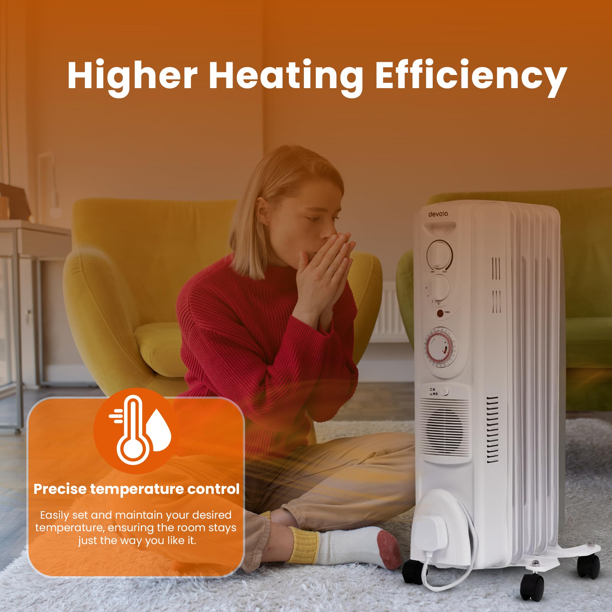 Devola 1500W 5 Fin Oil Filled Radiator, Low Energy Electric Heater with Thermal Fuse for Overheat Cut Off, Adjustable Heating Dial, Turbo Heating Option via PTC Fan, 24 Hour Timer - DVSOR5F15W (White)