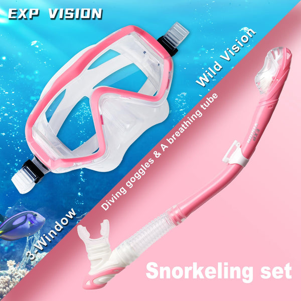Dry Snorkel Set, Pano 3 Window Snorkel Mask, Anti-Fog Scuba Diving Goggles and Snorkel, Professional Adult Snorkeling Swim Mask Gear (Pink Set)