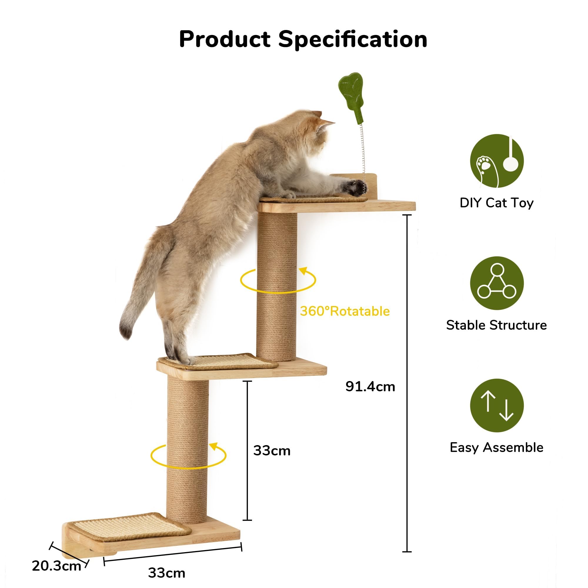 FUKUMARU Cat Climbing Shelf Wall Mounted, Natural Rubber Wood Material, Cat Stairway with Jute Scratching Post for Cats Perch Platform Supplies