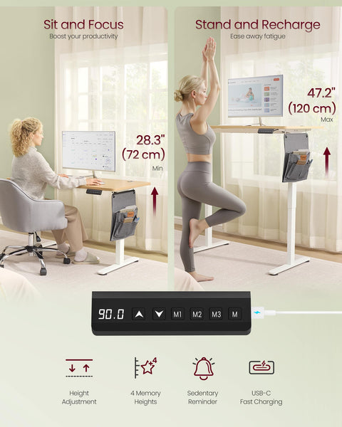 VASAGLE Electric Standing Desk, Height Adjustable Desk, 60 x 140 x (72-120) cm, 4 Memory Heights, Storage Pocket, for Home Office, Study, Rustic Brown and Ink Black LSD134K02