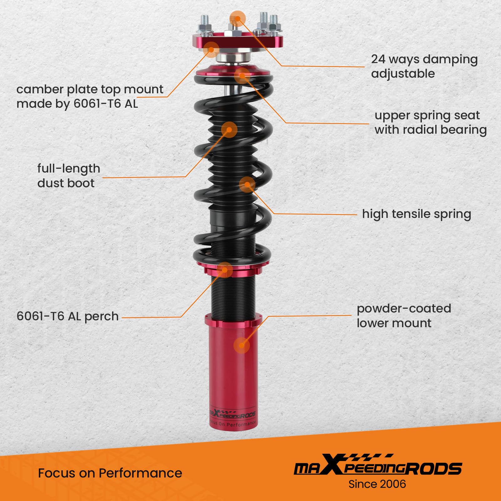 maXpeedingrods Coilovers for Ford Mustang Base/GT SN95 1994-2004, 24 Levels Damper Adjustable Coilovers Suspension Kit, Shock Absorber Struts, Height Adjustable Lowering Kit, Red