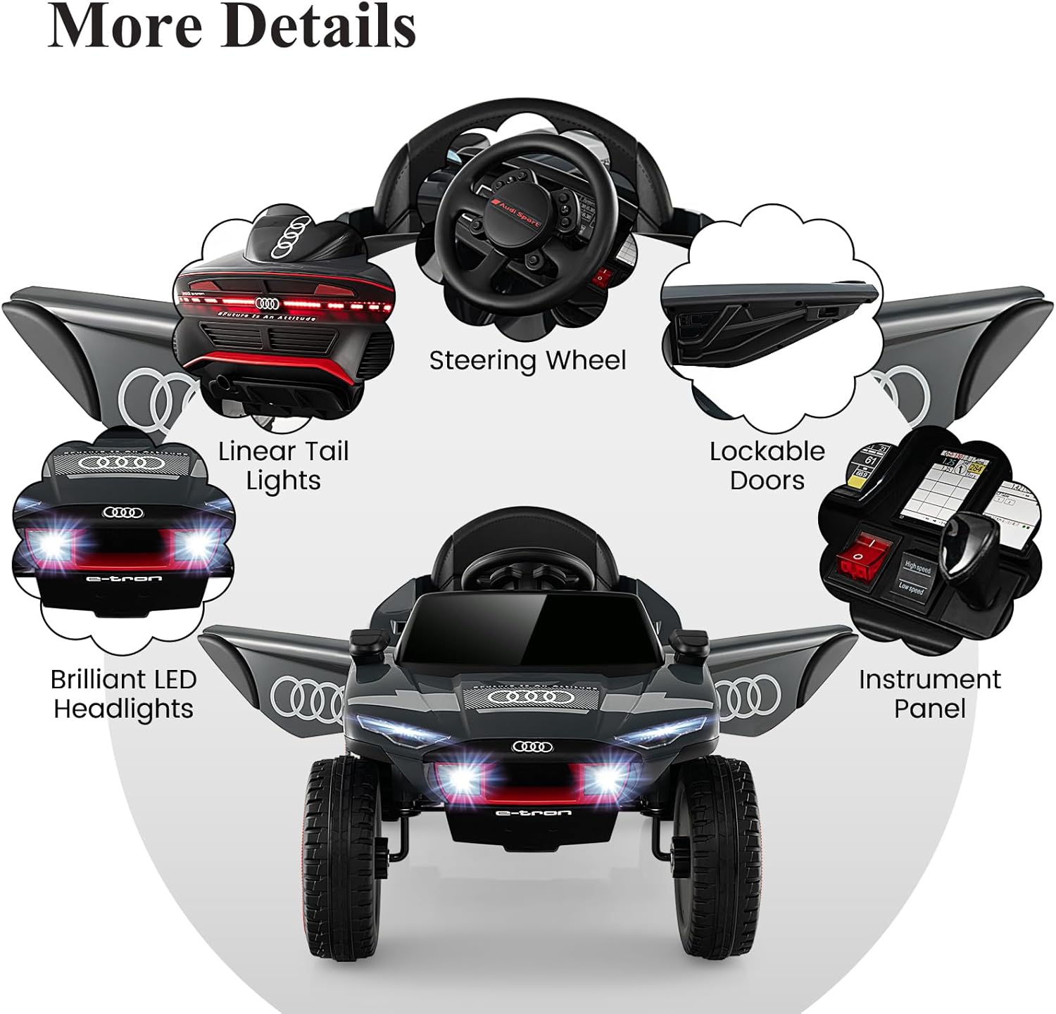 Kids Electric Car, 12V Battery Powered Toy Car with Remote Control, Music, Horn, Head lights, USB/FM, 4 Suspension Springs, Children Ride on E-tron Racing Car for 3+ Years Old