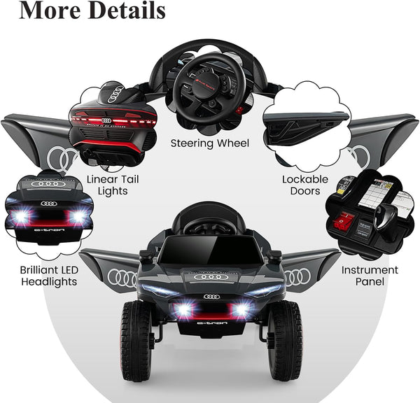 Kids Electric Car, 12V Battery Powered Toy Car with Remote Control, Music, Horn, Head lights, USB/FM, 4 Suspension Springs, Children Ride on E-tron Racing Car for 3+ Years Old