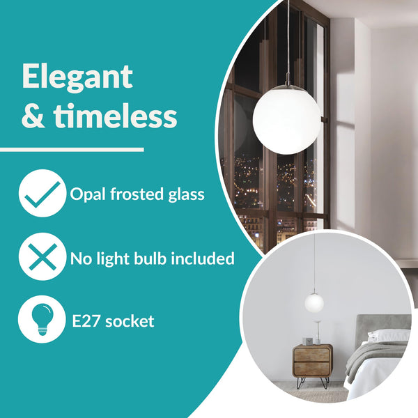 EGLO Rondo Pendant Lamp, Matt Steel and White Opal Matt Glass Ceiling Light, Dinning and Living Room Hanging Lighting, E27 Socket,  9.8 inches, Satin